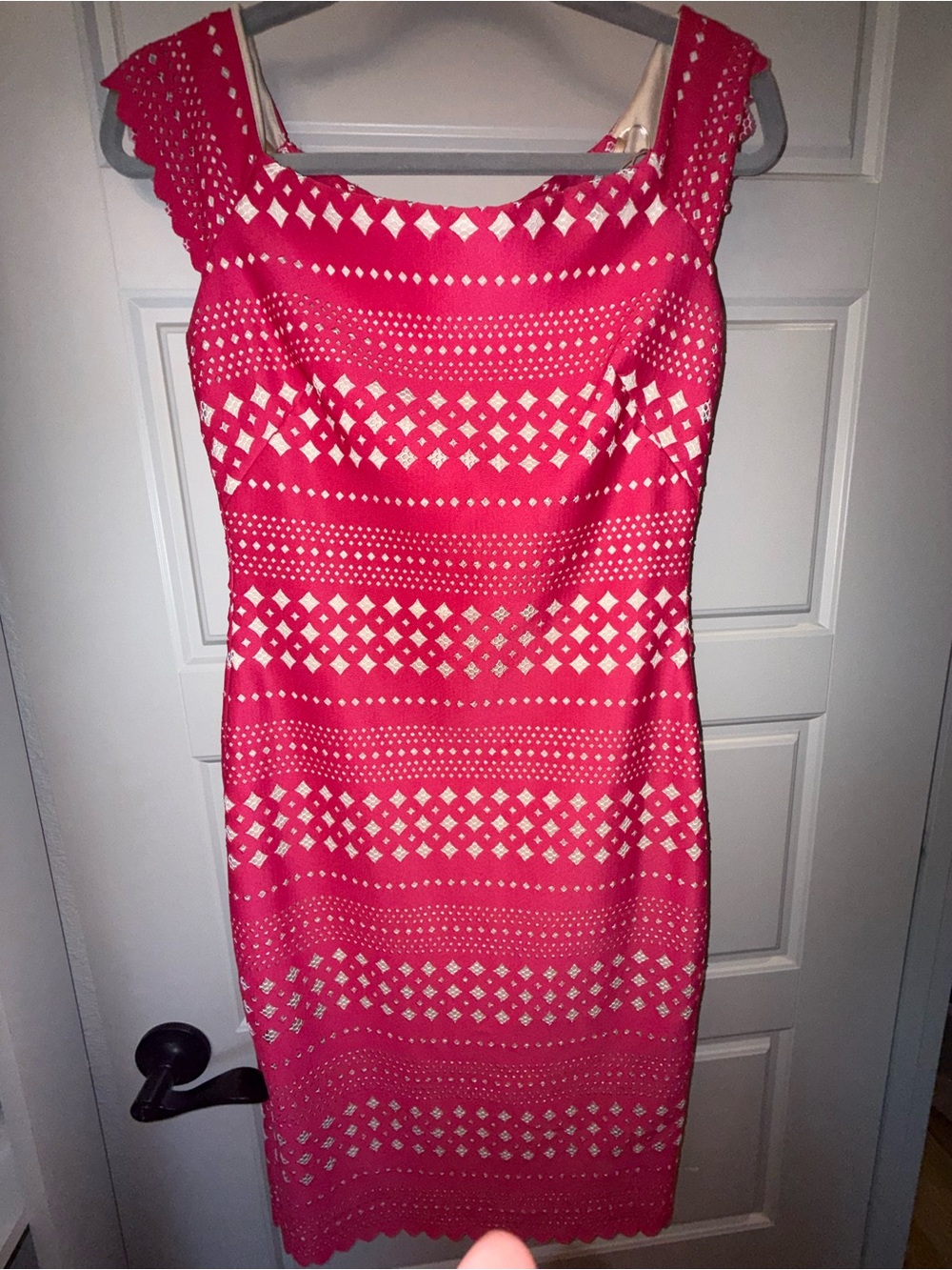 Eliza J Hot Pink and Cream laser cut Sheath with nude Scuba underneat Midi Dress